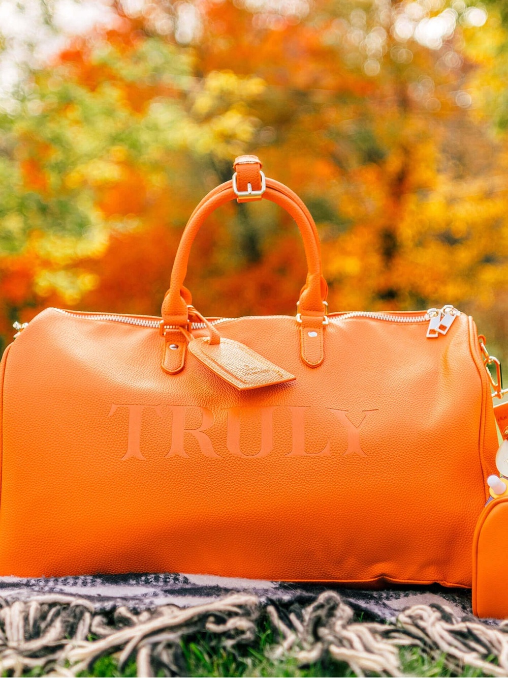 TRULY Orange Leather Duffel Bag with Detachable Shoulder Strap